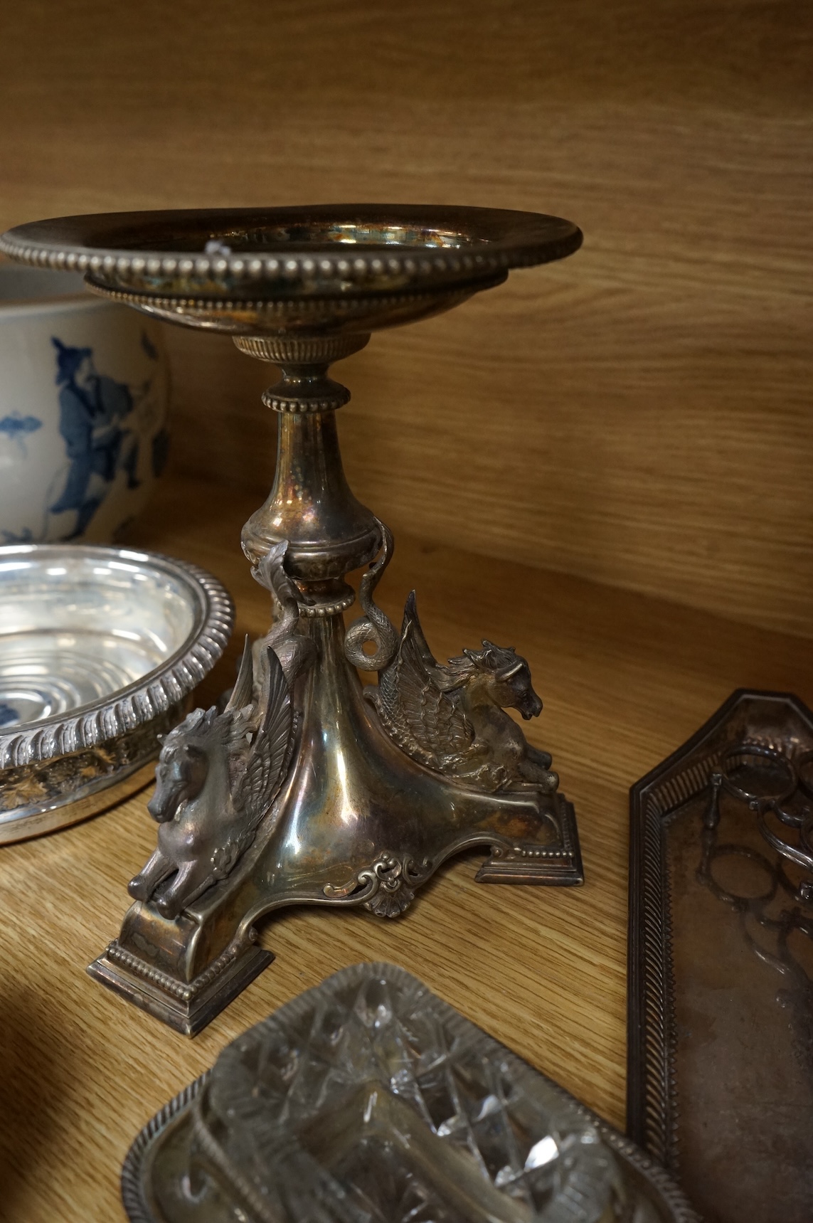 Pair of Victorian plated centerpieces and a small collection of other plated wares to include wine coasters, largest 18cm high